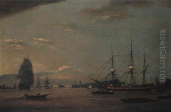 A Frigate At Anchor In Greenwich Reach Off Deptford Oil Painting by Thomas Luny