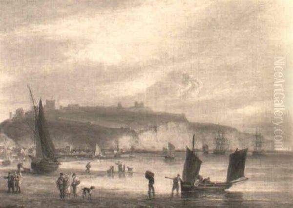 Fisherfolk On The Shore At Dover With The Castle Oil Painting by Thomas Luny