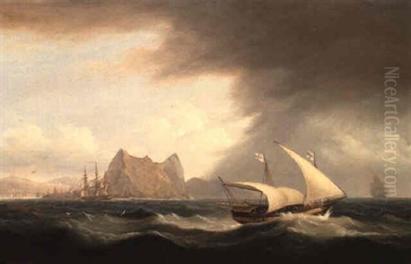 Gibraltar From The Southeast With A British Man Of War And A Xebec Oil Painting by Thomas Luny