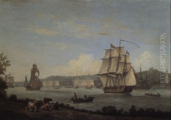 Greenwich From The North Bank With Cows In A Meadow In The Foreground Oil Painting by Thomas Luny