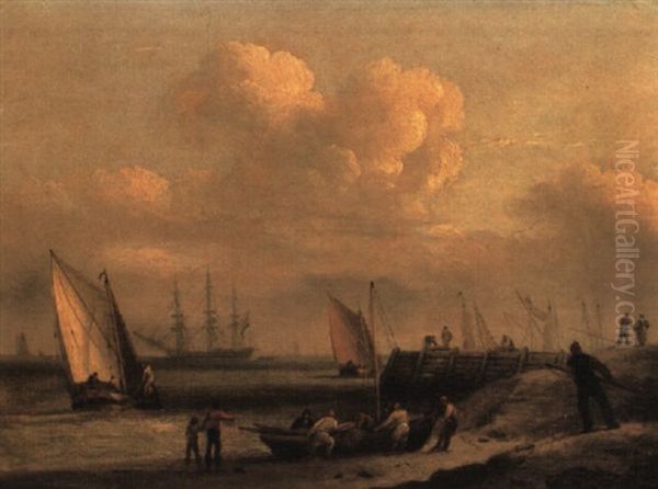 A Harbour View, With A Dutch Frigate Offshore Oil Painting by Thomas Luny