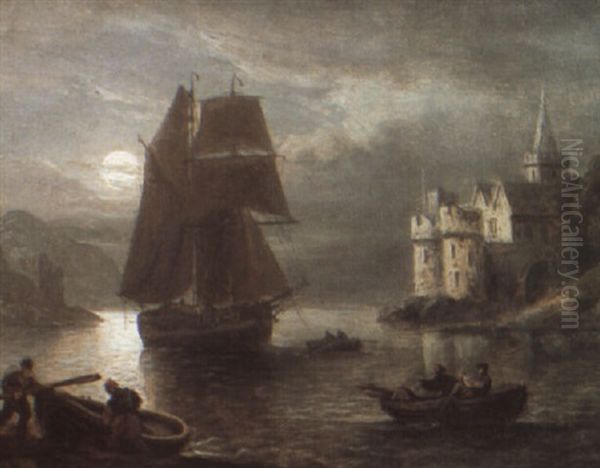 Shipping In The Mouth Of The Dart, By Moonlight Oil Painting by Thomas Luny