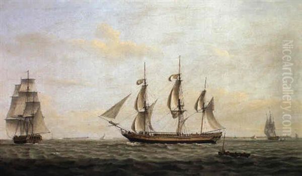 The Ship Fame In Three Positions Oil Painting by Thomas Luny