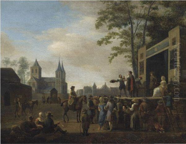 A Stage Play In A Village Street, With Numerous Villagers Watching,a Church In The Background Oil Painting by Gerrit Adriaensz Berckheyde