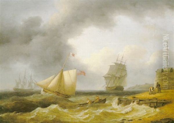 Shipping Off The Coast In A Breeze Oil Painting by Thomas Luny