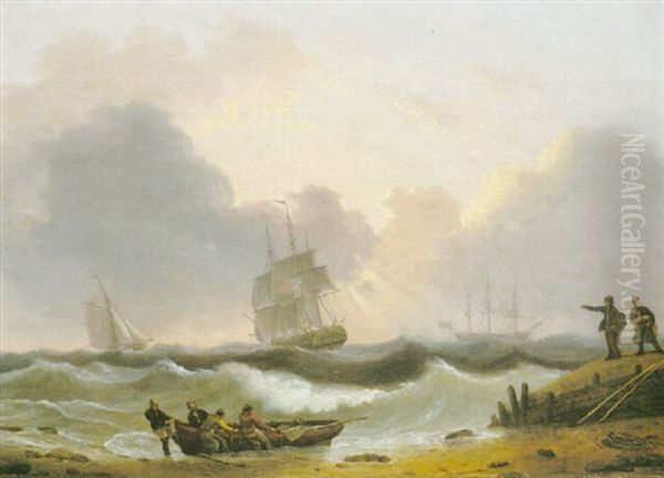 Coastal Scene With Figures Pulling In A Boat To Shore Oil Painting by Thomas Luny