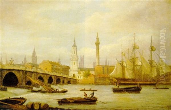 A View Of London Bridge And The Thames With Monument Oil Painting by Thomas Luny