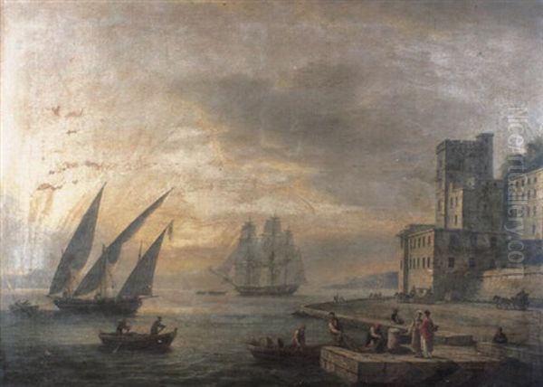 A View Of The Bay Of Naples From Posilippo With Elegant     Figures On The Quayside Before Sannazar's Tower... Oil Painting by Thomas Luny