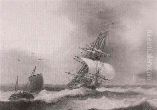 A Frigate With Reefed Topsails Off A Headland Oil Painting by Thomas Luny