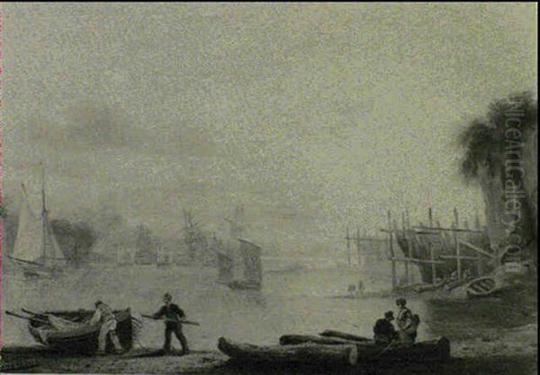 Figures And Boats On An Estuary, Shipbuilding Beyond Oil Painting by Thomas Luny