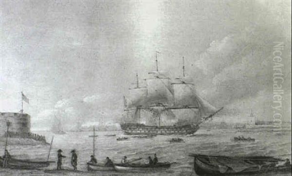 A Coastal Scene With Shipping Off A Fort Oil Painting by Thomas Luny