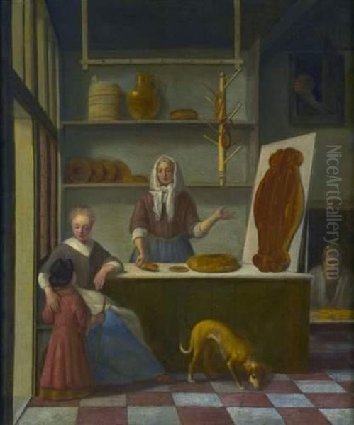 Une Mere Et Son Enfant Dans Une Boulangerie Ou Est Expose Un Gateautaai-taai Oil Painting by Job Adriaensz. Berckheyde