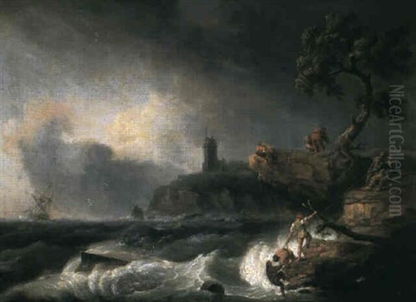 Kustlandskap Med Skeppsbrutna Oil Painting by Thomas Luny