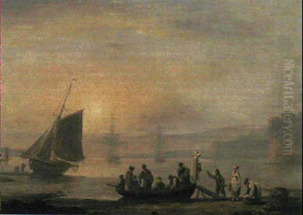 Disembarking From The Ferry, Teignmouth [and]     Fishermen On The Shore, Teignmouth Oil Painting by Thomas Luny