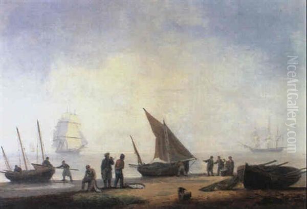 Fisherfold On A Beach With Vessels Offshore by Thomas Luny