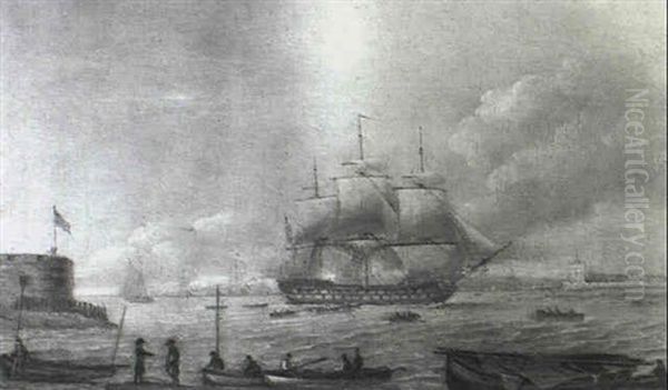 A Coastal Scene With Shipping Off A Fort Oil Painting by Thomas Luny