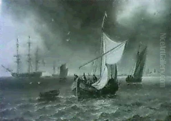 Fishing Vessels And Other Shipping Off A Coast Oil Painting by Thomas Luny