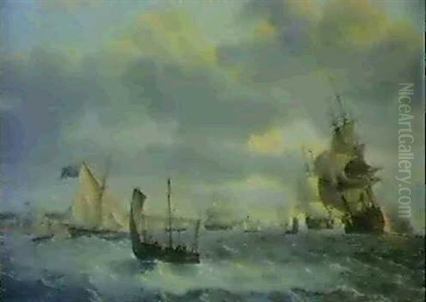 Men O' War And Other Shipping In A Breeze Off Dover Oil Painting by Thomas Luny