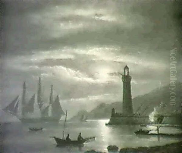 A Harbour By Moonlight Oil Painting by Thomas Luny