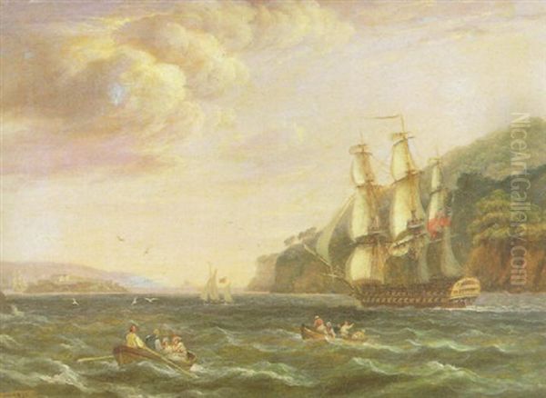 A Two-decker Making Sail From Her Anchorage In Plymouth,    Harbour, Past Mount Edgecomb And Approaching Drake Island.. Oil Painting by Thomas Luny