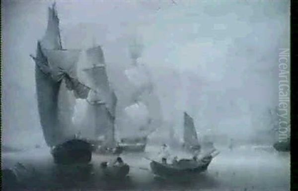 Fishing Boats And Sailing Vessels In An Estuary Oil Painting by Thomas Luny