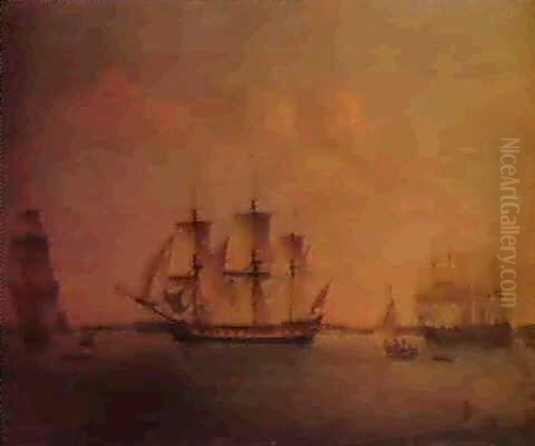 Portrait Of The East Indiaman King George, Seen In Three    Positions Off Blackwall In Theriver Thames. Oil Painting by Thomas Luny