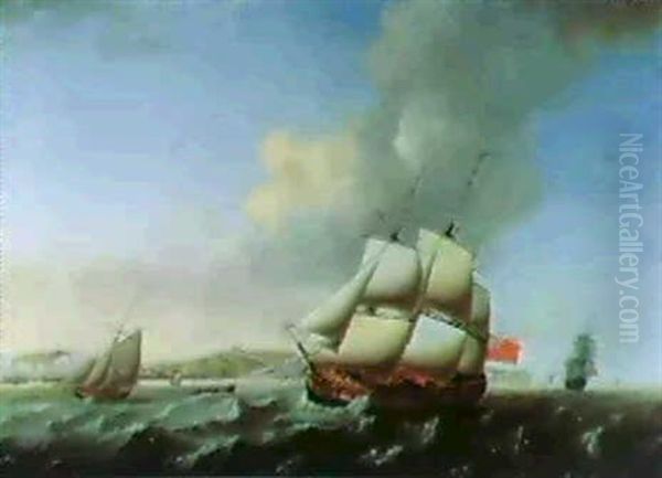 A Three-masted Frigate Under Sail, And Other Shipping Off   Dover Oil Painting by Thomas Luny