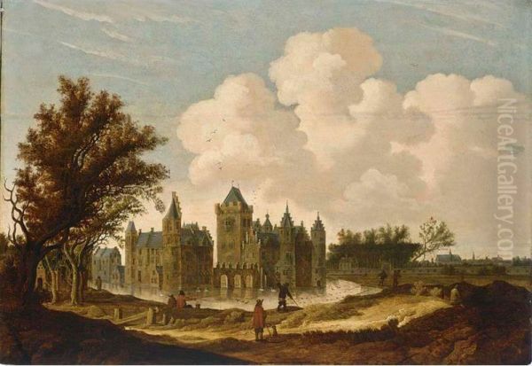 A View Of The Castle Of Egmond With Figures On A Path And Fishermen In Front Of The Castle Oil Painting by G.W. Berckhout