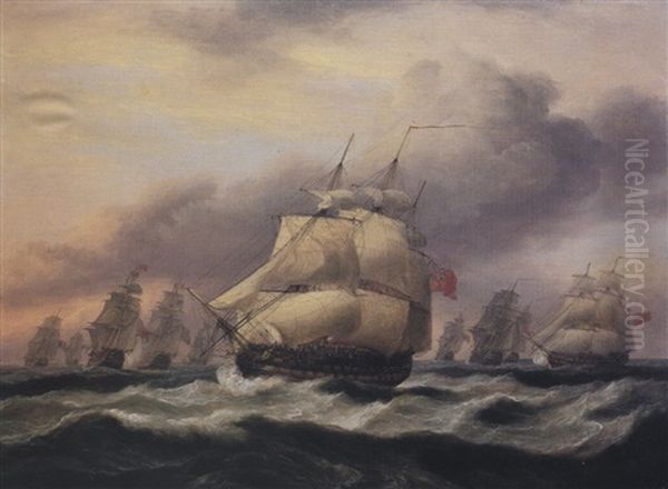 English Frigates And Ships Of The Line In A Strong Breeze Oil Painting by Thomas Luny