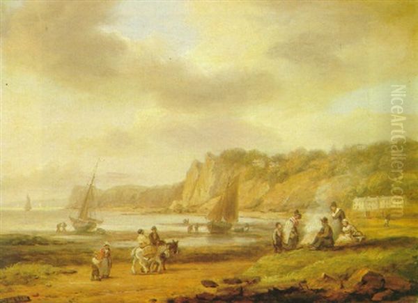 The Bay At Teignmouth With Fishermen Unloading Their Catch, And Figures Resting By A Fire On The Shore Oil Painting by Thomas Luny