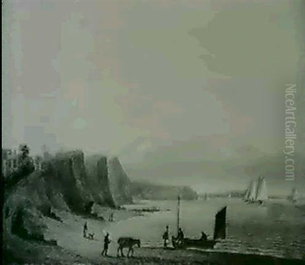 A Cutter Off Dawlish, On The River Teign, With Figures      On The Beach Oil Painting by Thomas Luny