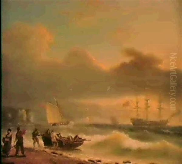 Figures Hauling In A Skiff,                                 A Cutter And Frigate Beyond, At Dusk Oil Painting by Thomas Luny