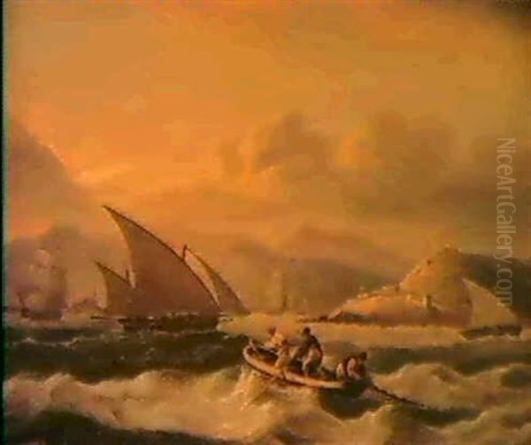 Figures In A Fishing Smack With A Two Masted Mediterranean  Tartan And Frigates Off Corrunna, North West Spain Oil Painting by Thomas Luny