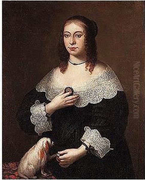 Portrait Of A Lady, Three-quarter Length, Wearing A Black Dress And Playing With A Dog Oil Painting by Hendrick Berckman