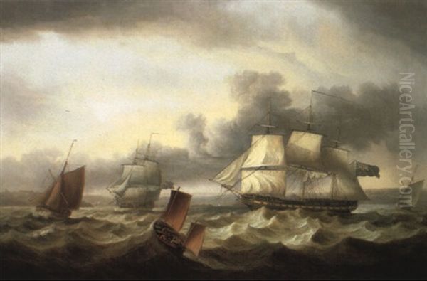 Frigates With Other Coastal Vessels Off Plymouth Oil Painting by Thomas Luny