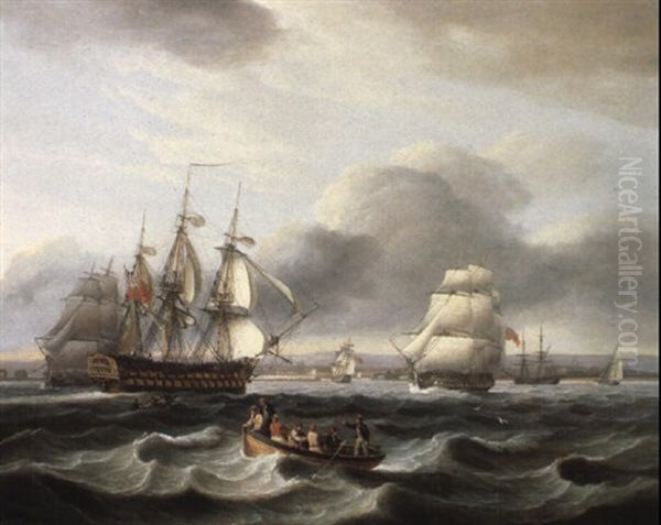 British Men Of War And Other Shipping Off Portsmouth Harbour Oil Painting by Thomas Luny