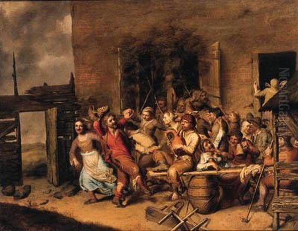 Peasants Merrymaking In A Farmyard Oil Painting by Matheus Berckmans