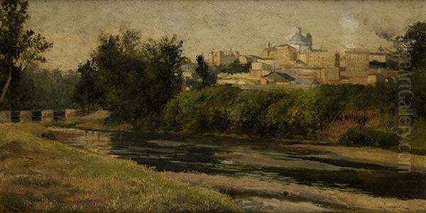 Vista De Madrid Desde El Manzanares Oil Painting by Jose Lupianez y Carrasco