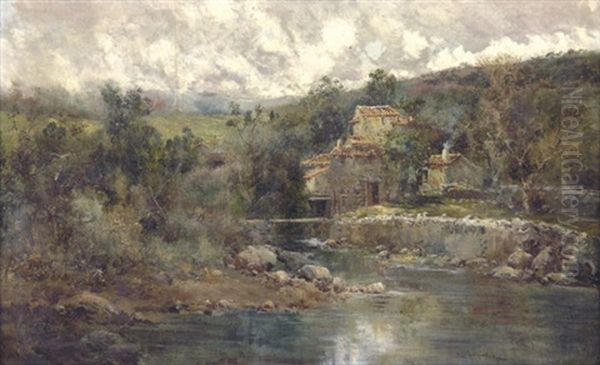 Villa By The Lake Oil Painting by Jose Lupianez y Carrasco