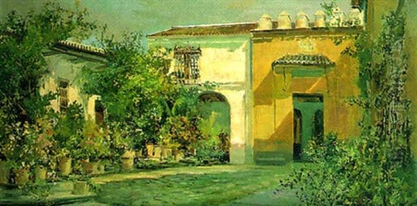 Patio Andaluz Oil Painting by Jose Lupianez y Carrasco