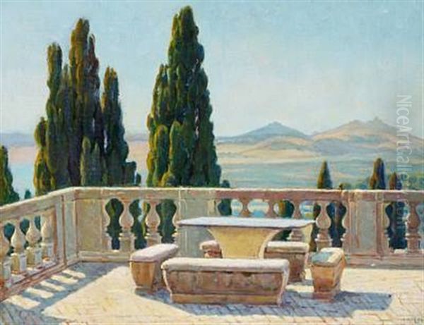 Summer's Day On A Terrace In The Mountains, Italy Oil Painting by Marie Antoinette Henriette Luplau