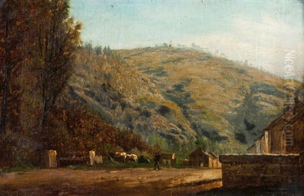 Landscape With Mountain, Houses And Animals Oil Painting by Gerard Joseph Adrian van Luppen