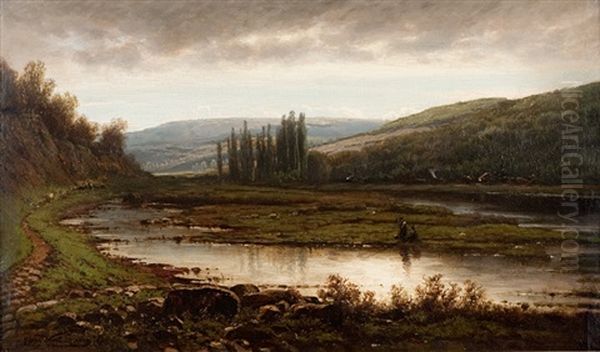 Au Bord De La Meuse (route De Civiet) Oil Painting by Gerard Joseph Adrian van Luppen