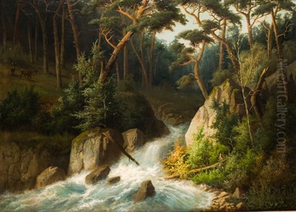 Cerfs En Bordure De Riviere Oil Painting by Gerard Joseph Adrian van Luppen