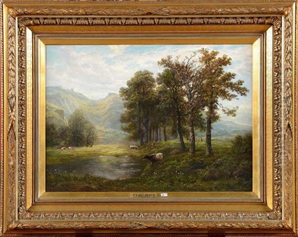 Vacher Et Son Troupeau En Montagne Oil Painting by Gerard Joseph Adrian van Luppen