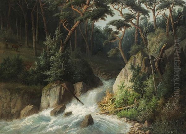 Sous-bois Anime De Cerfs Au Bord De La Rive Et Cascade Oil Painting by Gerard Joseph Adrian van Luppen