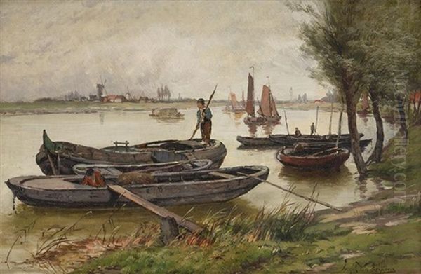 Barques Sur L'escaut Oil Painting by Gerard Joseph Adrian van Luppen