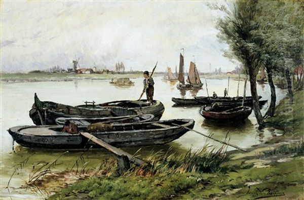 Boten Aan De Rivieroever Oil Painting by Gerard Joseph Adrian van Luppen