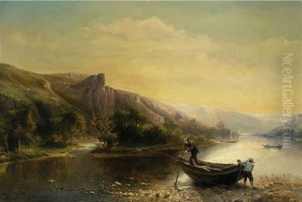 Flusslandschaft Mit Fischern Und Fahrleuten Oil Painting by Gerard Joseph Adrian van Luppen