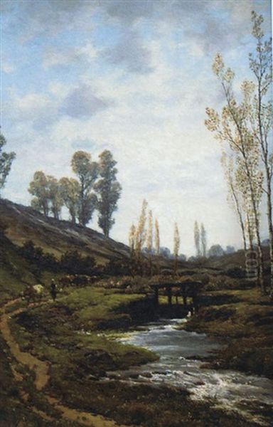 Figure With Cattle On Rural Track Oil Painting by Gerard Joseph Adrian van Luppen